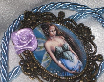 ELFE DE SHAMBALLA Très beau Collier romantique Bronze Elfe Naissance Rose MauveCordon Bleu Feuilles Verre