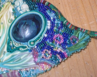 Collier textile Soutache Plastron "Une nuit au Paradis" Pierres Chrysocolle Chat Céramique Soie Shibori Ethnique Chic