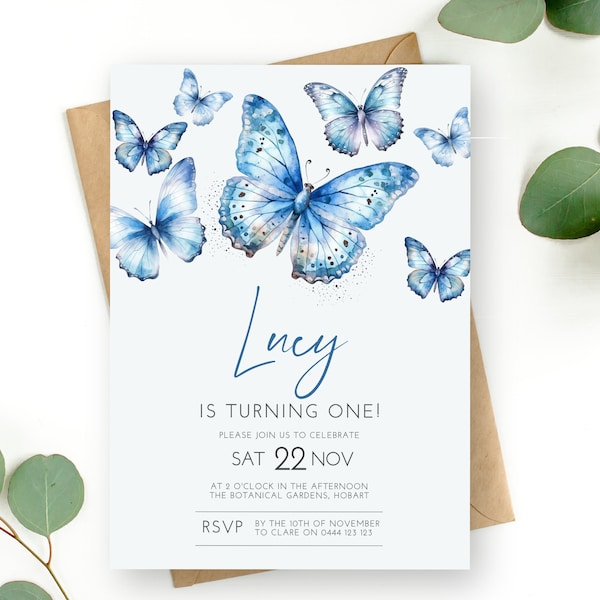 Butterfly 1st Birthday Invitation | DIGITAL DOWNLOAD | Girls First Blue Butterfly Party Invite | Editable Printable Digital Template MM109