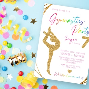 Gymnastics 7th Birthday Invitation | INSTANT DOWNLOAD | Girls Seventh Birthday Party | Tumble Jump | Digital Editable Printable Invite MM85