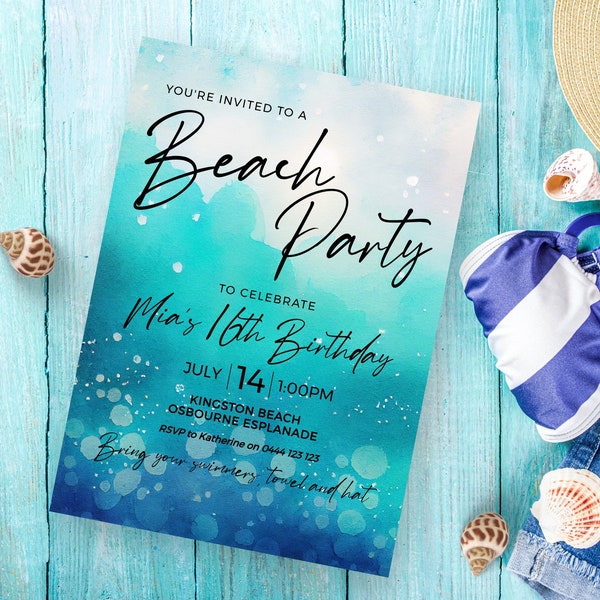 Beach Party 16th Birthday Invitation INSTANT DOWNLOAD Teen Girl Boy Sixteenth Party Invite, Watercolor Ocean, editable evite MM26