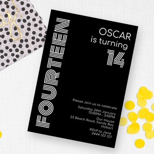Schwarz - weiße minimalistische Einladung zum 14.Geburtstag | SOFORTIGER DOWNLOAD | Teen Junge oder Mädchen einladen | Bearbeitbare druckbare digitale Vorlage MM32