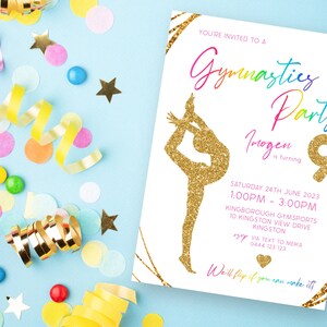 Invitation d'anniversaire de gymnastique 9e | TÉLÉCHARGEMENT INSTANTANÉ | Fête du neuvième anniversaire des filles | Saut en culbute | Invitation imprimable numérique modifiable MM85
