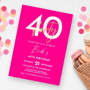 Invito per il 40esimo compleanno rosa caldo e oro / DOWNLOAD IMMEDIATO / Invito alla festa del quarantesimo luminoso / Modello digitale stampabile modificabile MM98