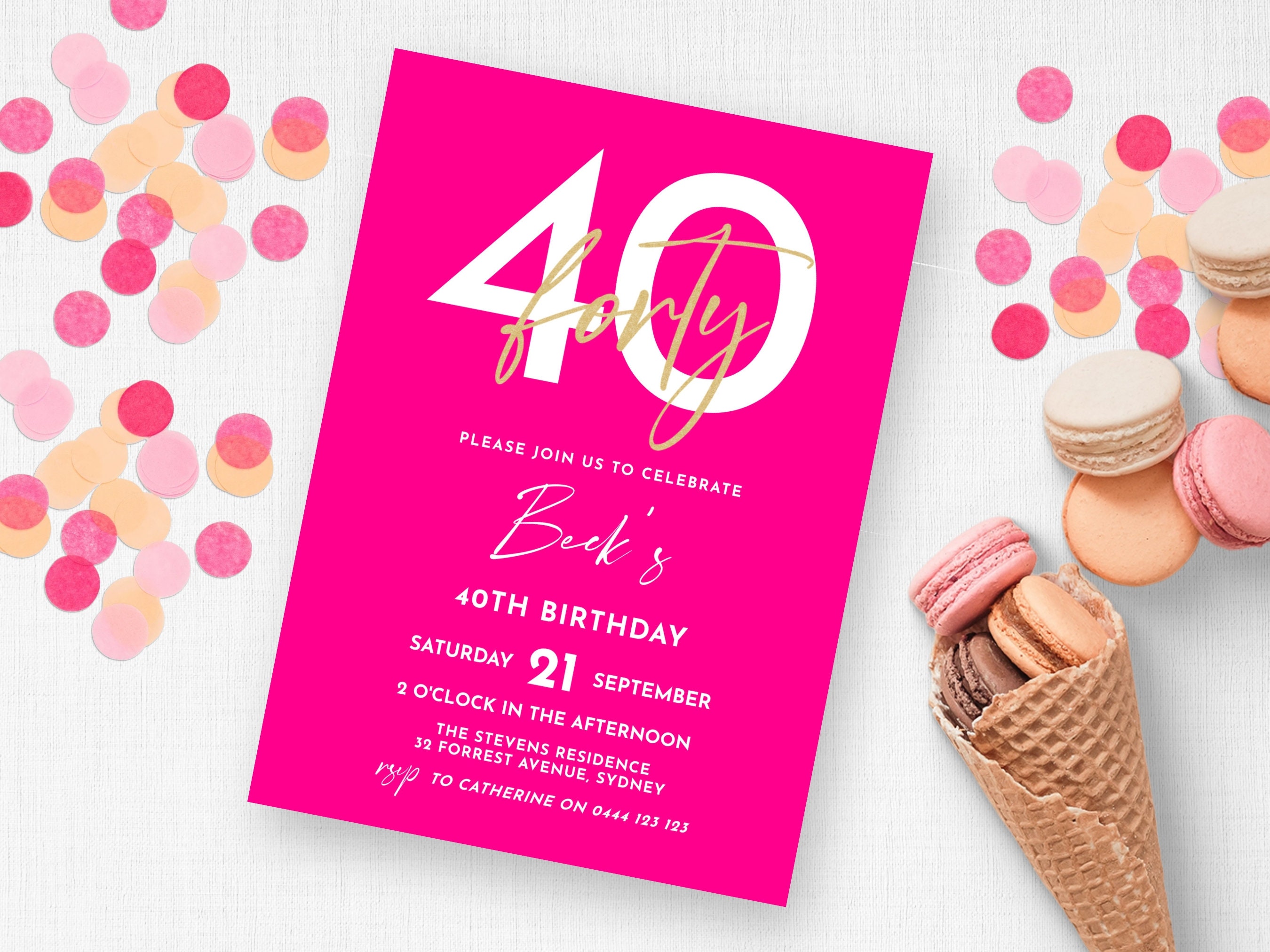 Hot Pink and Gold 40th Birthday Invitation INSTANT DOWNLOAD Etsy