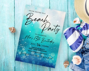 May include: A blue and white watercolor invitation for a beach party to celebrate Mia's 13th birthday. The invitation includes the date, time, location, and RSVP information. It also says "Bring your swimmers, towel and hat".