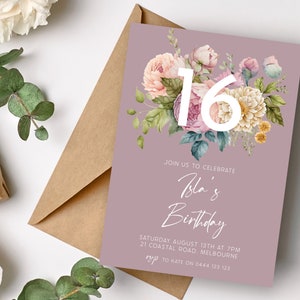 Convite floral do aniversário do primavera 16o de <br> Entrega Rápida? DOWNLOAD INSTANTÂNEO | O partido de Rosa da peônia décimo sexto convida de <br> Crie Seu Próprio Produto! Convite digital editável para impressão MM94