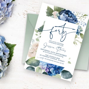 Convite floral azul de 40º aniversário DOWNLOAD INSTANTÂNEO Convite para festa de hortênsia, flores, DIY Templett editável MM75