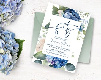 Blue Floral 40th Birthday Invitation INSTANT DOWNLOAD Hydrangea Party Invite , Flowers,  DIY Templett editable MM75