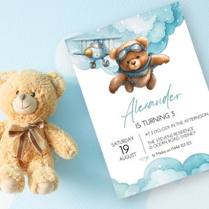 Beer 3e verjaardagsuitnodiging INSTANT DOWNLOAD Derde partij uitnodigen, vliegtuig, teddybeer DIY Templett bewerkbare MM73