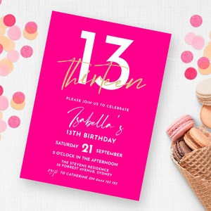 Convite do aniversário do rosa quente e do ouro 13o | DOWNLOAD INSTANTÂNEO | O partido adolescente brilhante convida | Modelo digital editável para impressão MM98