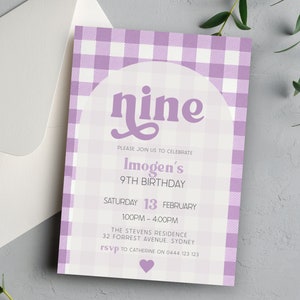 Invitation au 9e anniversaire de Vichy violet | TÉLÉCHARGEMENT NUMÉRIQUE | Filles neuvième pique-nique lilas | Modèle numérique imprimable modifiable MM112