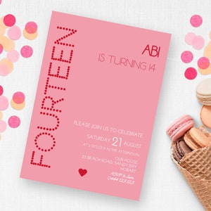 Invito di compleanno minimo rosa e rosso per il 14° DOWNLOAD IMMEDIATO Invito alla festa per ragazze adolescenti, retrò moderno, modificabile Templett evite MM05