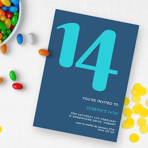 14th Birthday Invitation Digital, Blue and Navy Minimalist  INSTANT DOWNLOAD Teen Party Invite, DIY Templett editable printable MM03