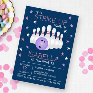 Invito per il 12° compleanno di bowling / DOWNLOAD IMMEDIATO / Festa del dodicesimo compleanno per ragazze / Invito stampabile modificabile digitale MM83