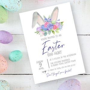 Easter Egg Hunt Invitation INSTANT DOWNLOAD Easter Bunny Ears Invite, Hop, Floral Rabbit,  DIY editable printable MM69