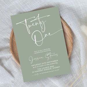 Sage Green Einladung zum 21. Geburtstag | SOFORTIGER DOWNLOAD | Minimalistisch Boho Party einladen | Bearbeitbare druckbare digitale Vorlage MM93
