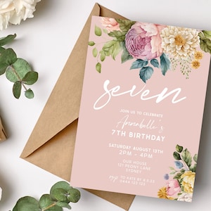 Convite floral cor-de-rosa do 7o aniversário de <br> Crie Seu Próprio Produto! DOWNLOAD INSTANTÂNEO | partido do primavera das meninas sétimo convite | Modelo digital editável para impressão MM97