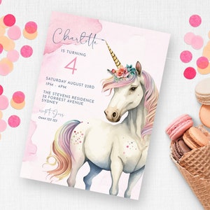 Unicornio 4to cumpleaños invitación DESCARGA INSTANTE Chicas Cuarta invitación de fiesta digital, acuarela rosa mágico DIY editable imprimible MM80