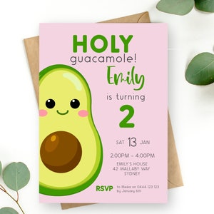 Avocado Einladung zum 2.Geburtstag | SOFORTIGER DOWNLOAD | Pink Second Invite | Heilige Guacamole | Bearbeitbare Druckbare Digitale Vorlage MM100