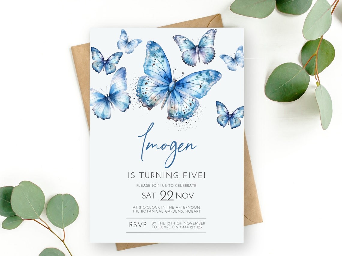 Butterfly 5th Birthday Invitation | DIGITAL DOWNLOAD | Girls Fifth Blue ...
