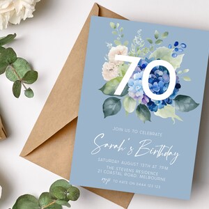 Convite floral azul do 70th aniversário de <br> Entrega Rápida? DOWNLOAD INSTANTÂNEO | Partido do Hydrangea septuagésimo convite | Convite digital editável para impressão MM96