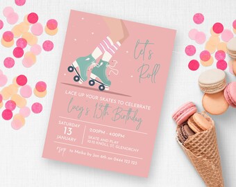 May include: Pink invitation with a graphic of a person roller skating. The text reads "Let's Roll Lace Up Your Skates To Celebrate Lucy's 13th Birthday Saturday 13 January 2:00PM - 4:00PM Skate and Play 10-12 Knoll St, Glenorchy RSVP to Meika by Jan 6th on 0444 123 123"