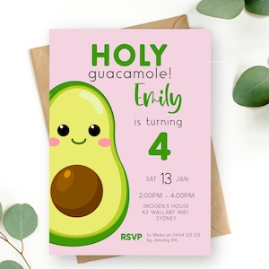 Avocado Einladung zum 4. Geburtstag | SOFORTIGER DOWNLOAD | Pink Four Birthday Invite | Heilige Guacamole | Bearbeitbare Druckbare Digitale Vorlage MM100