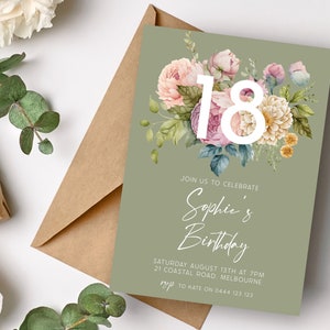 18e anniversaire floral de printemps | TÉLÉCHARGEMENT INSTANTANÉ | Invitation verte de partie de pivoine rose | Invitation imprimable numérique modifiable MM95