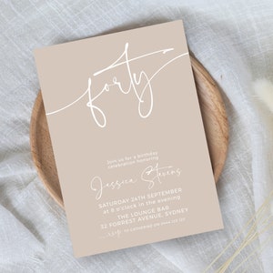 May include: A beige invitation card with white text. The card says "forty" in a cursive font and includes details for a birthday celebration honouring Jessica Stevens. The event is scheduled for Saturday, 24th September at 8:00 PM at The Lounge Bar, located at 32 Forrest Avenue, Sydney. RSVP to Catherine on 0444 122 123.