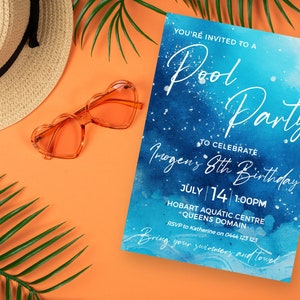 Pool Party 8th Birthday Invitation INSTANT DOWNLOAD Girl Boy Eighth Party Invite, Watercolor Ocean, editable evite MM31