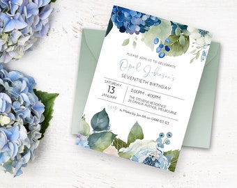 Invitation florale bleue au 70e anniversaire | TÉLÉCHARGEMENT INSTANTANÉ | Invitation à la fête des soixante-dix hortensias | Fleurs | Invitation imprimable modifiable numérique MM74