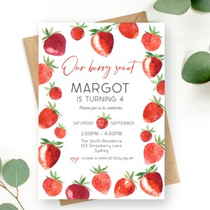 Berry zoete 4e verjaardagsuitnodiging | DIRECT DOWNLOADEN | Vierde verjaardag aardbei uitnodigen | Bewerkbare afdrukbare digitale sjabloon MM92