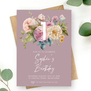 Spring Floral 1st Birthday Invitation | INSTANT DOWNLOAD | Peony Rose First Party Invite | Flower | Digital Editable Printable Invite MM94