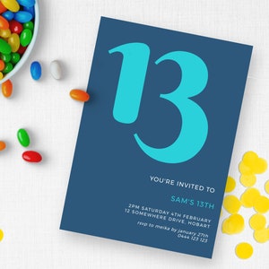 13. Geburtstag Einladung Digital, Blau und Marine Minimalist SOFORTIGER DOWNLOAD Teen Party Invite, DIY Templett editierbar printable MM03