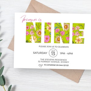 Invitación de 9º cumpleaños floral rosa y verde / DESCARGA INSTANTE / Invitación de noveno cumpleaños de Daisy / Plantilla digital imprimible editable MM27