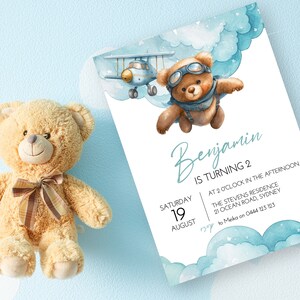 Bär 2. Geburtstag Einladung SOFORTIGER DOWNLOAD Second Party Invite, Flugzeug, Teddy Bear DIY Templett bearbeitbar MM73