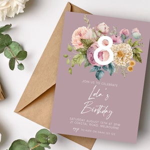 Spring Floral 8th Birthday Invitation | INSTANT DOWNLOAD | Peony Rose Eighth Party Invite | Flower | Digital Editable Printable Invite MM94