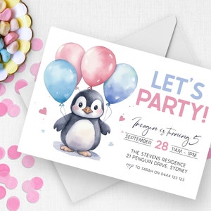 Meisjes Penguin 5e verjaardagsuitnodiging | DIGITALE DOWNLOAD | Ballonnen schattige dieren verjaardag uitnodigen | Bewerkbare afdrukbare digitale sjabloon MM107