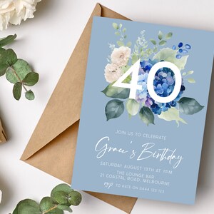 Blue Floral 40th Birthday Invitation | INSTANT DOWNLOAD | Hydrangea Fortieth Party Invite | Digital Editable Printable Invite MM96