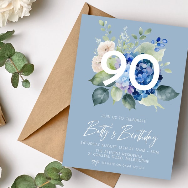 Blue Floral 90th Birthday Invitation | INSTANT DOWNLOAD | Hydrangea Ninetieth Party Invite | Digital Editable Printable Invite MM96