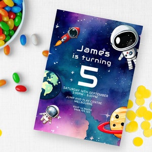 Invitación de cumpleaños 5 del espacio Digital DESCARGA INSTANTE Niños quinta invitación a la fiesta, fiesta de cohetes y astronautas, editable evite MM28
