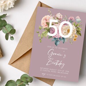 Spring Floral 50th Birthday Invitation | INSTANT DOWNLOAD | Peony Rose Fiftieth Party Invite | Digital Editable Printable Invite MM94
