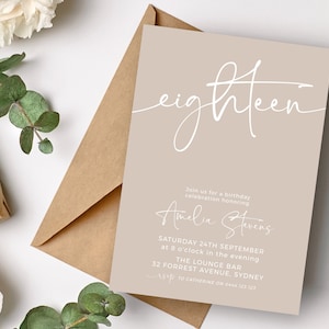 Tons neutres 18e anniversaire Invitation TÉLÉCHARGEMENT INSTANTANÉ Beige Minimal Party Invite, Boho Minimal Adult Invite, DIY Templett modifiable MM52
