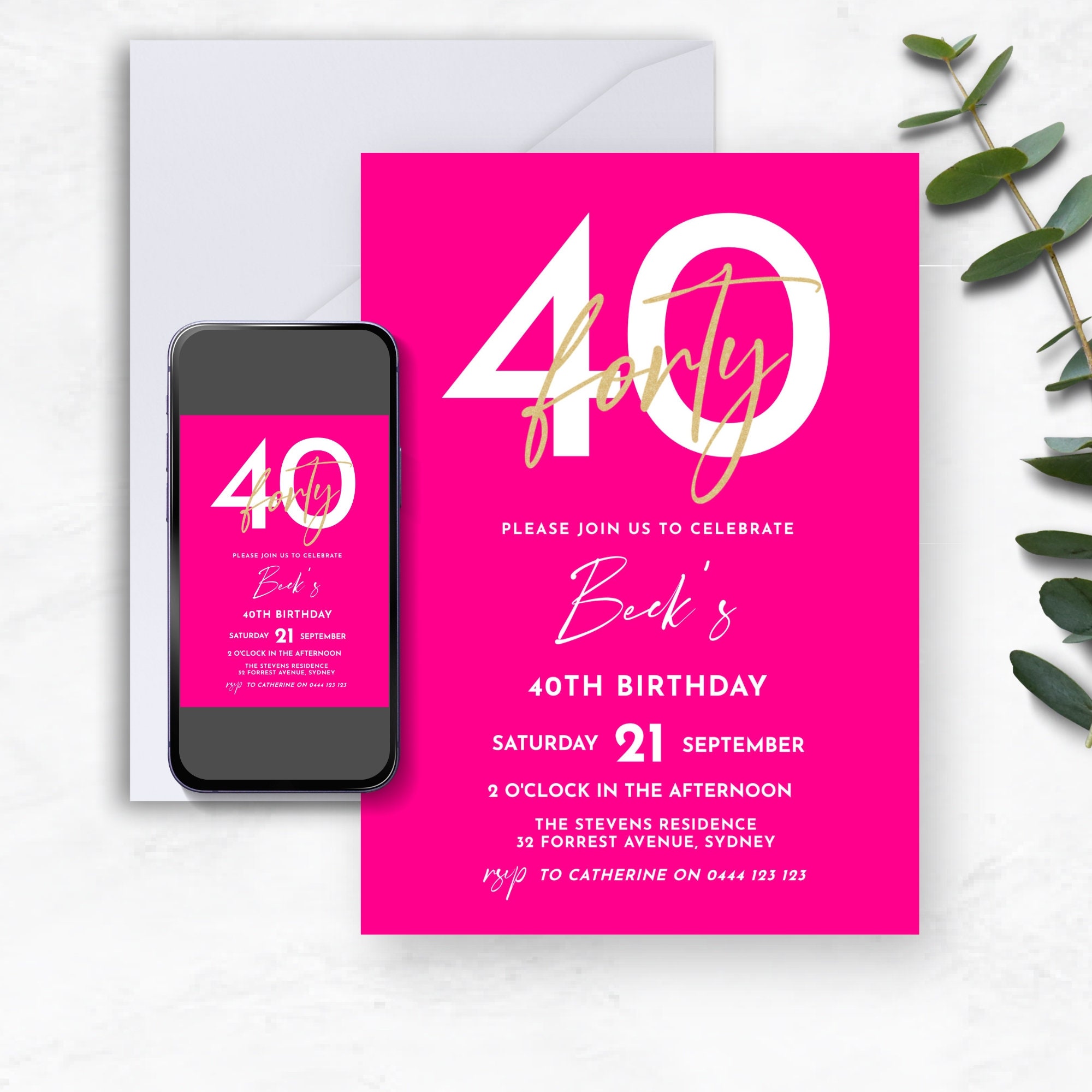 Hot Pink and Gold 40th Birthday Invitation INSTANT DOWNLOAD Etsy