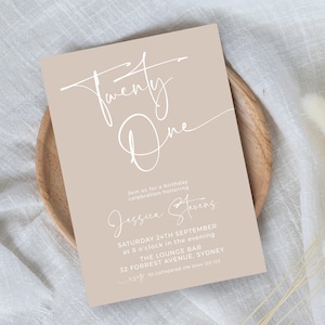 Convite de aniversário de 21 anos em tons neutros DOWNLOAD INSTANTÂNEO Convite de festa mínimo bege, convite adulto mínimo Boho, DIY Templett editável MM52