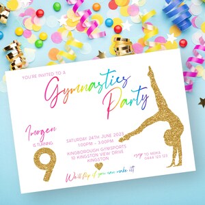 Invitation d'anniversaire de filles de gymnastique 9ème | TÉLÉCHARGEMENT INSTANTANÉ | Neuvième anniversaire | Saut culbuté | Invitation imprimable numérique modifiable MM86