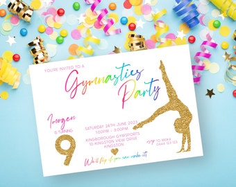 Gymnastics Girls 9th Birthday Invitation | INSTANT DOWNLOAD | Ninth Birthday Party | Tumbling Jump | Digital Editable Printable Invite MM86