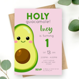 Avocado 1. Geburtstag Einladung | SOFORTIGER DOWNLOAD | Rosa erste Geburtstagseinladung | Heilige Guacamole | Bearbeitbare Druckbare Digitale Vorlage MM100