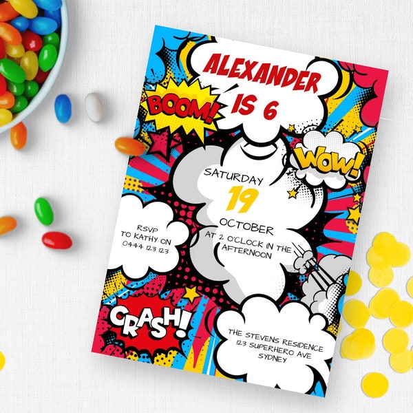 Superhero Comic 6th Birthday Invitation INSTANT DOWNLOAD Digital Boy Party Invite, Bright Sixth Birthday, DIY Templett editable MM57